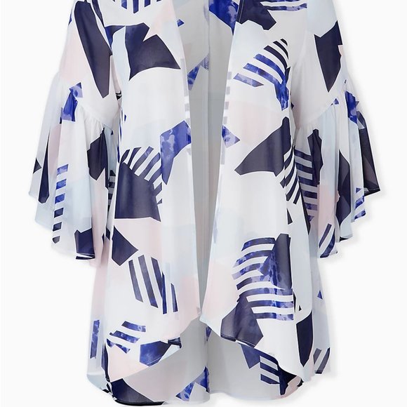 Torrid 1/2X Kimono Top Chiffon Geo Ruffle Bell Sleeve Open Front Plus Cover Up - Picture 4 of 4
